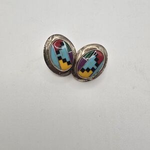 Vintage Zuni Style Sterling Silver Multi-Stone Inlay Oval Post Earrings